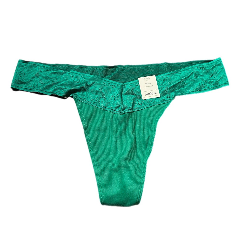 Auden Women's Green Lace Trim Cotton Blend‎ Thong Panty XL 16